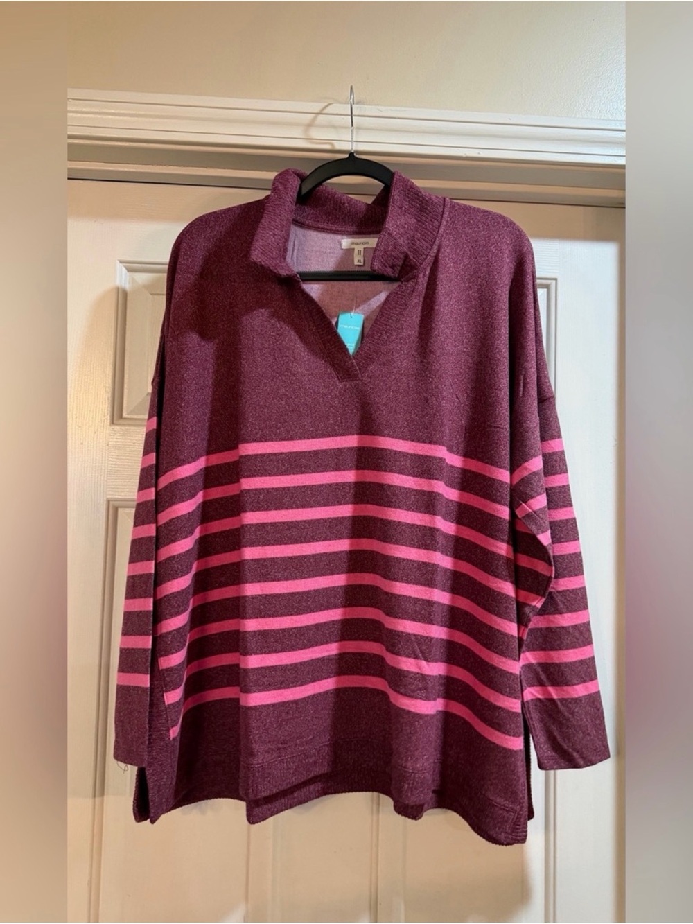 Women's Maroon and Pink Striped Collared Sweater NWT size XL